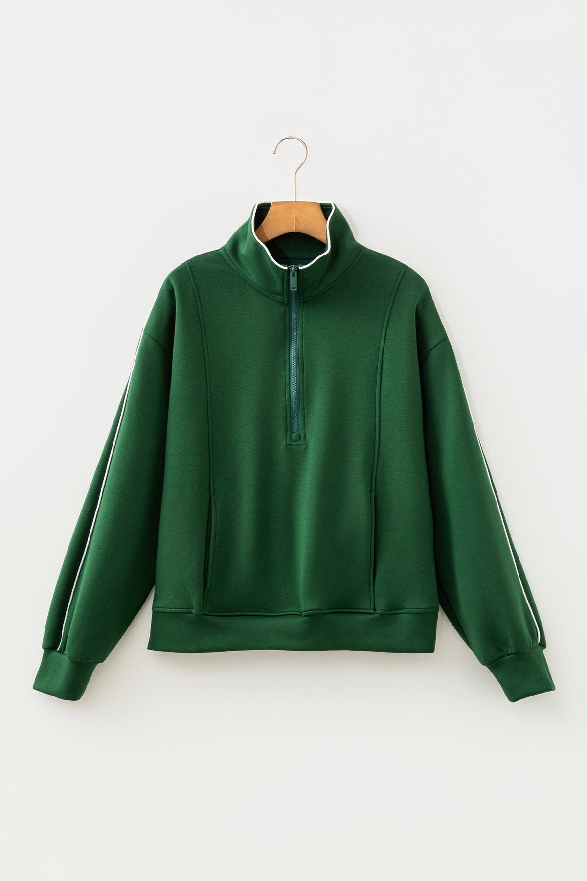 Solid Contrast Trim Zip-Up Mock Neck Sweatshirt