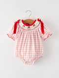Pink Gingham Christmas Baby Girls Romper: Santa Embroidery with Red Satin Ribbon