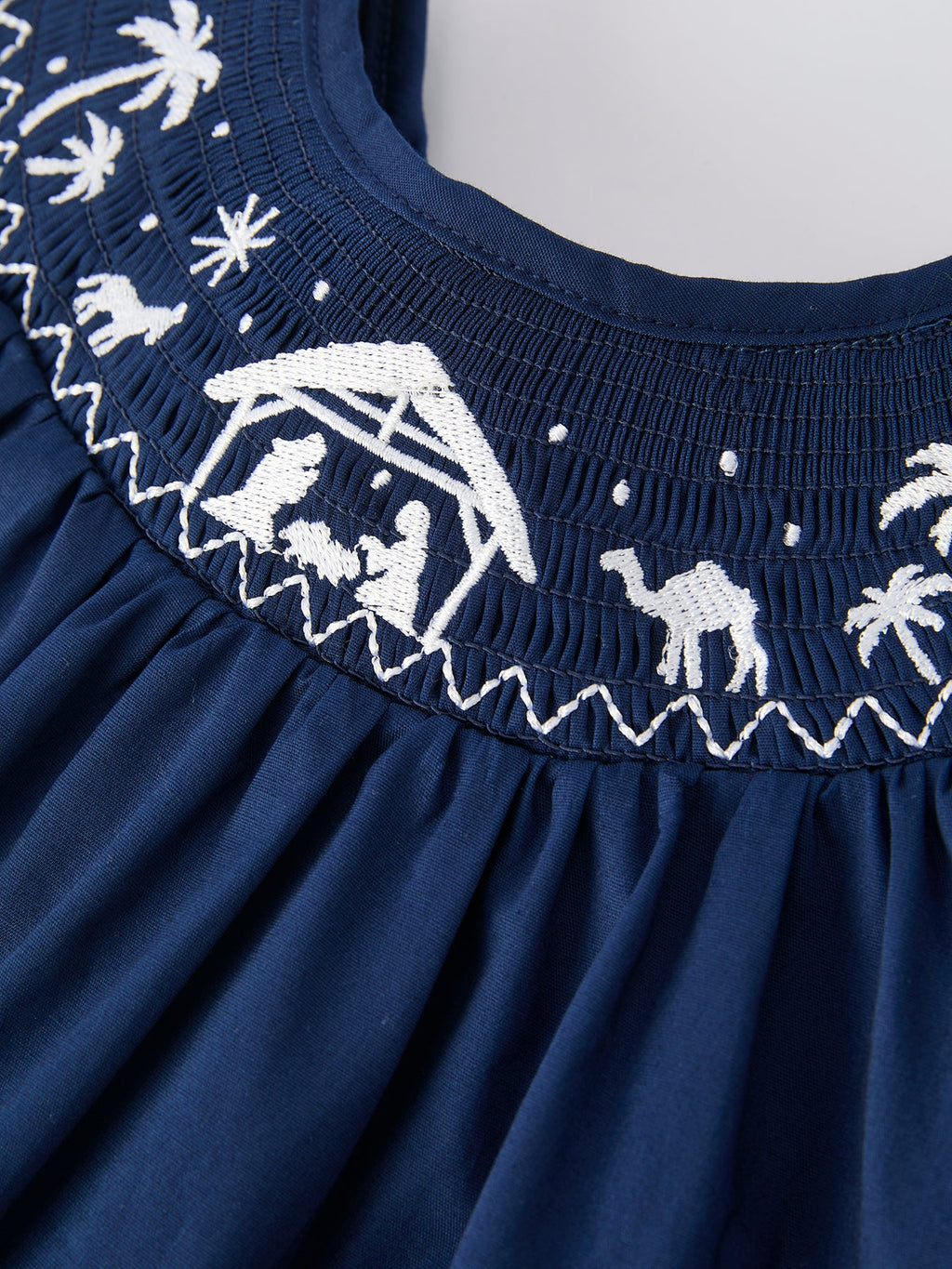Christmas Navy Blue Nativity Smocking Embroidered Dress