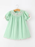 Christmas Mint Green Smocked Santa Girls Puff Sleeve Dress