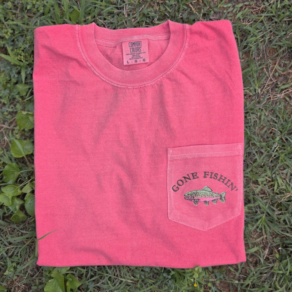 Gone Fishin' Embroidered Pocket Tee | Comfort Colors | Rainbow Trout | Gifts for Dad