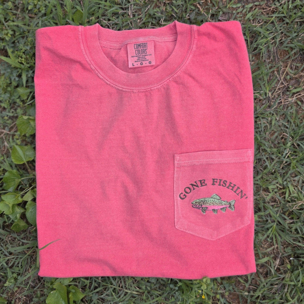 Gone Fishin' Embroidered Pocket Tee | Comfort Colors | Rainbow Trout | Gifts for Dad
