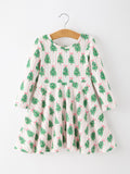 Christmas Girls Pink Stripe Tree Bow Twirl Dress