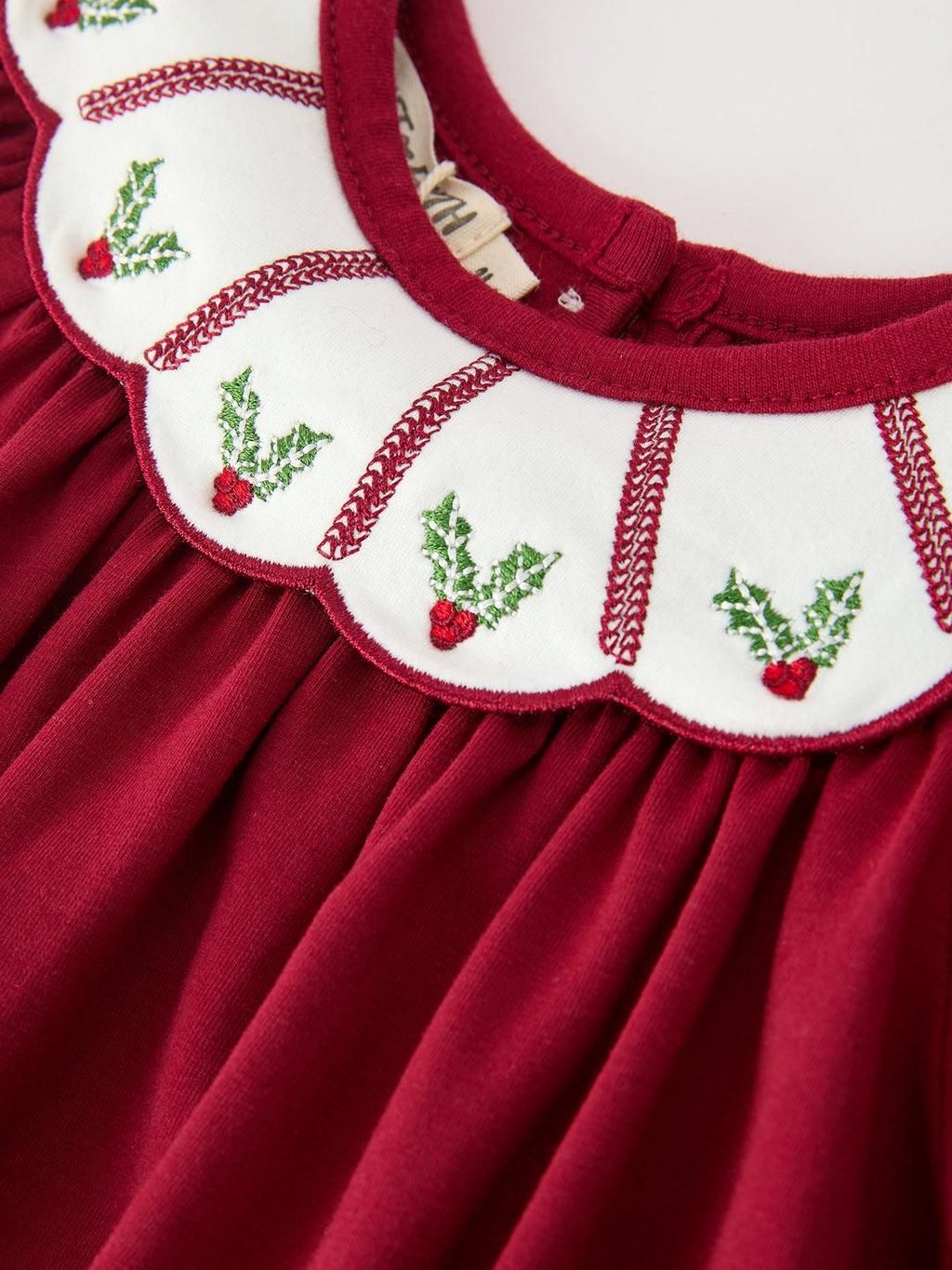 Christmas Holly Embroidered Baby Romper Petals Collar Ruffle