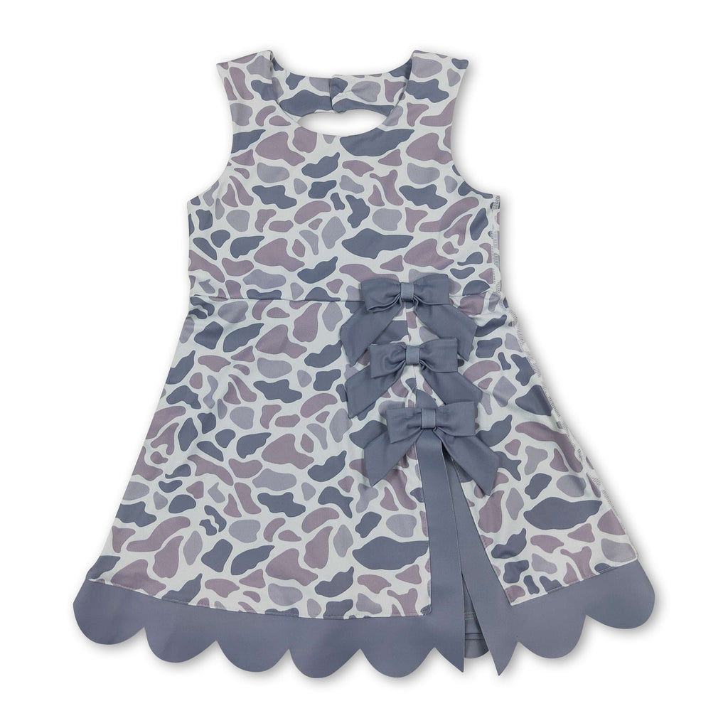 Grey camo bow scallop kids girls summer athletic dresses