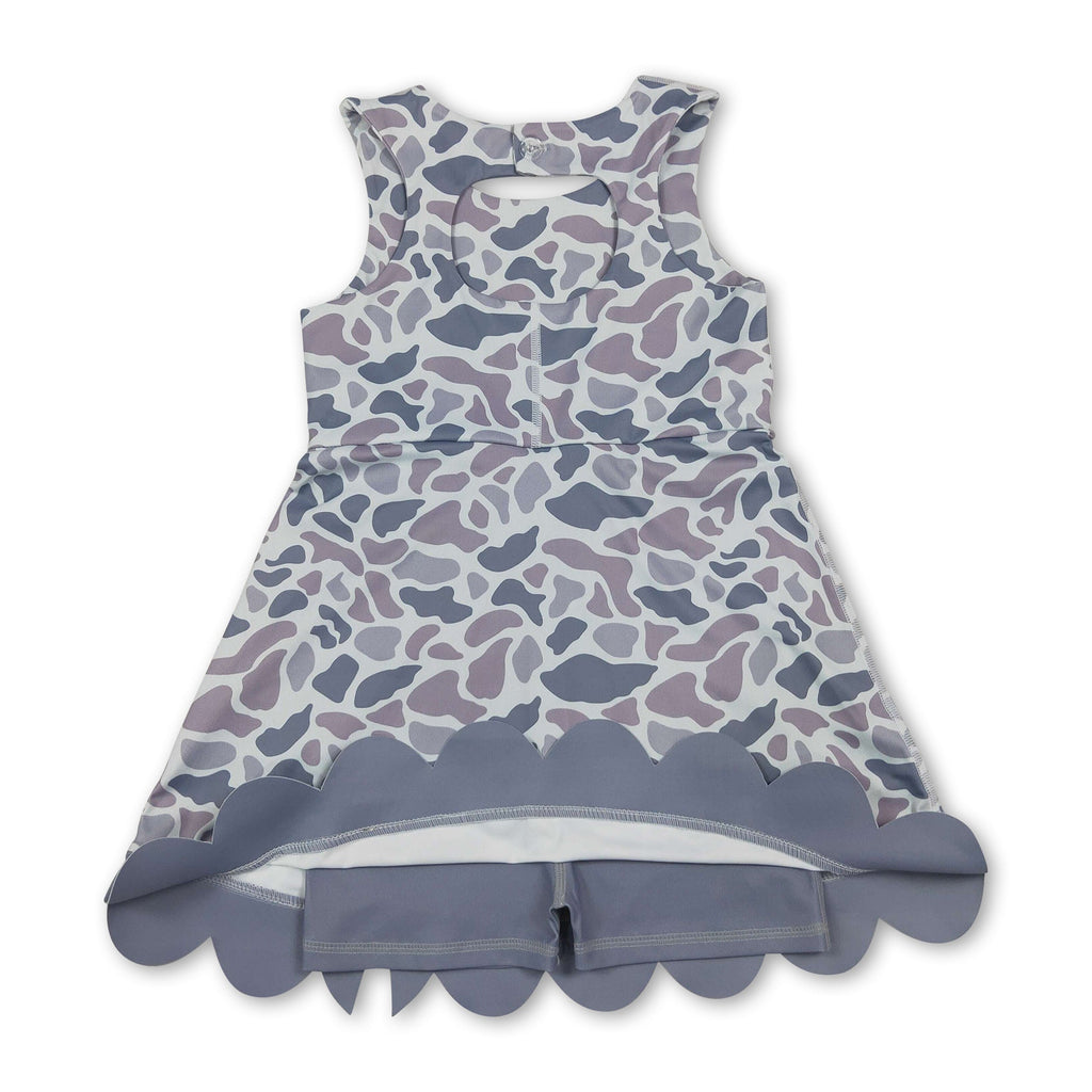 Grey camo bow scallop kids girls summer athletic dresses