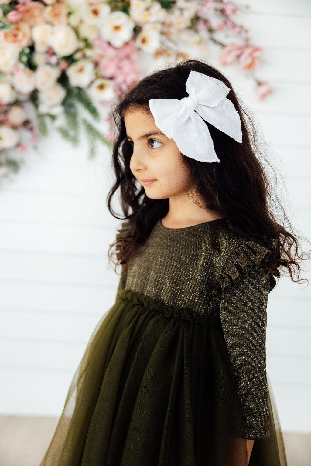 Olive Shimmer 3/4 Sleeve Tutu Dress