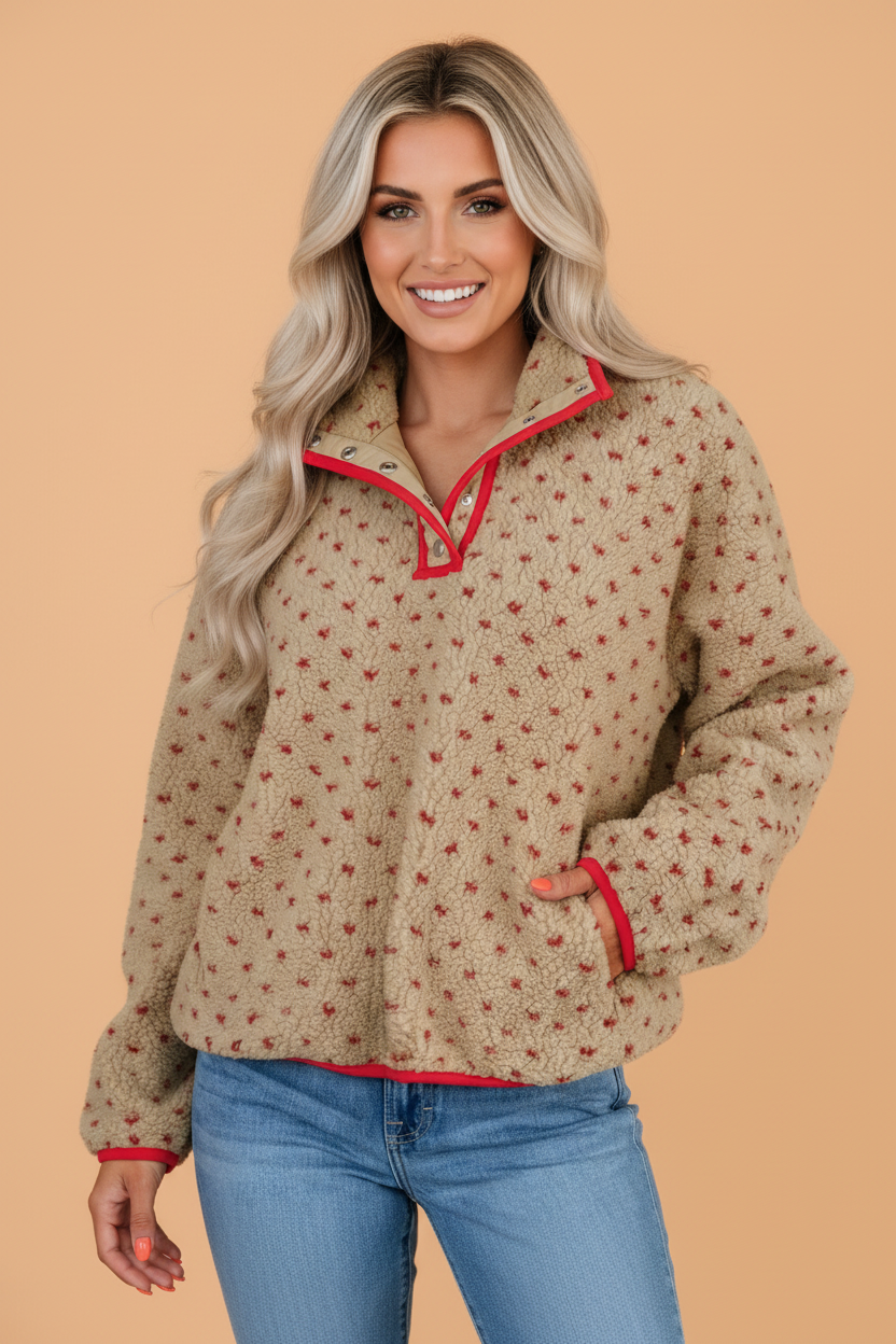 Heart Fleece Colorblock Half Button Collared Sweatshirt