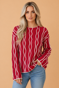 Wavy Stripe Pointelle Knit Long Sleeve Sweater