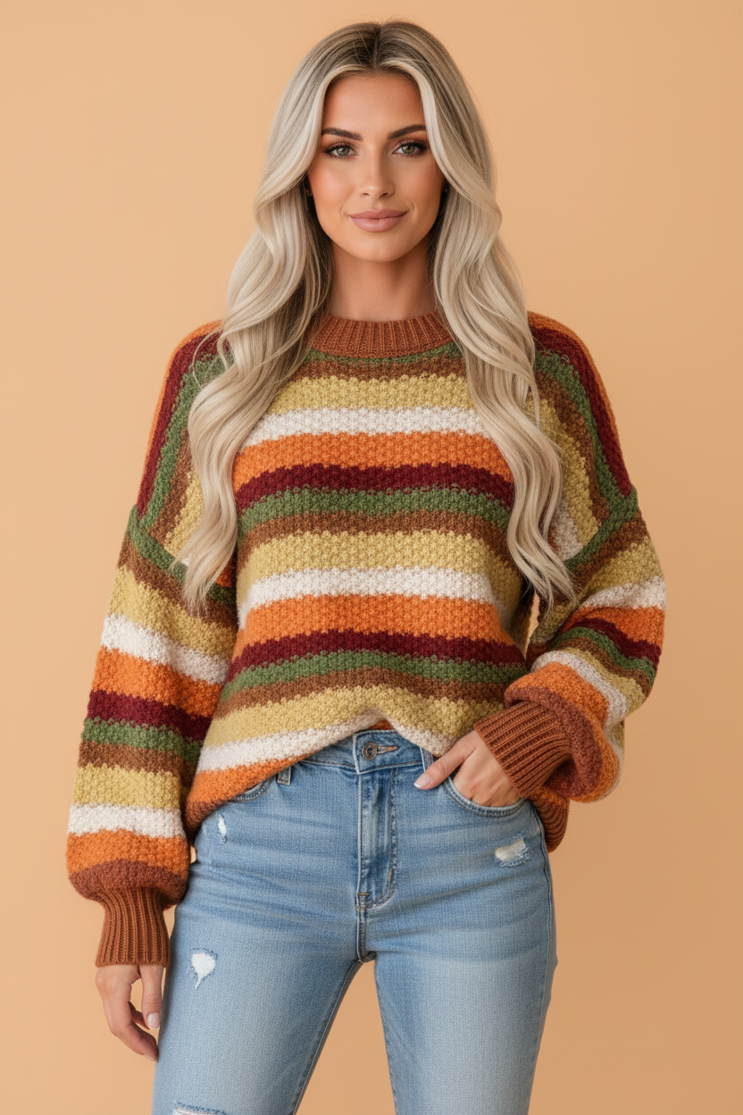 Stripe Chunky Textured Knit Puff Sleeve Sweater