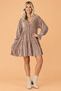 Solid Velvet V-Neck Long Sleeve Tiered Mini Dress
