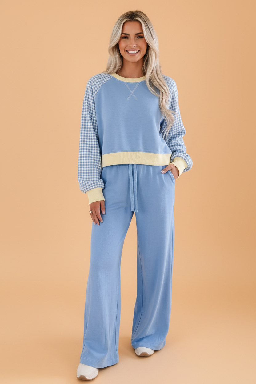 Colorblock Gingham Raglan Sleeve Top & Pants Set