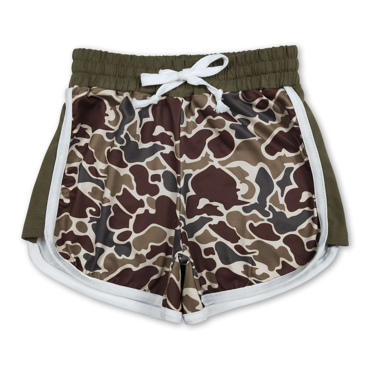 Dark green camo drawstring kids girls summer shorts