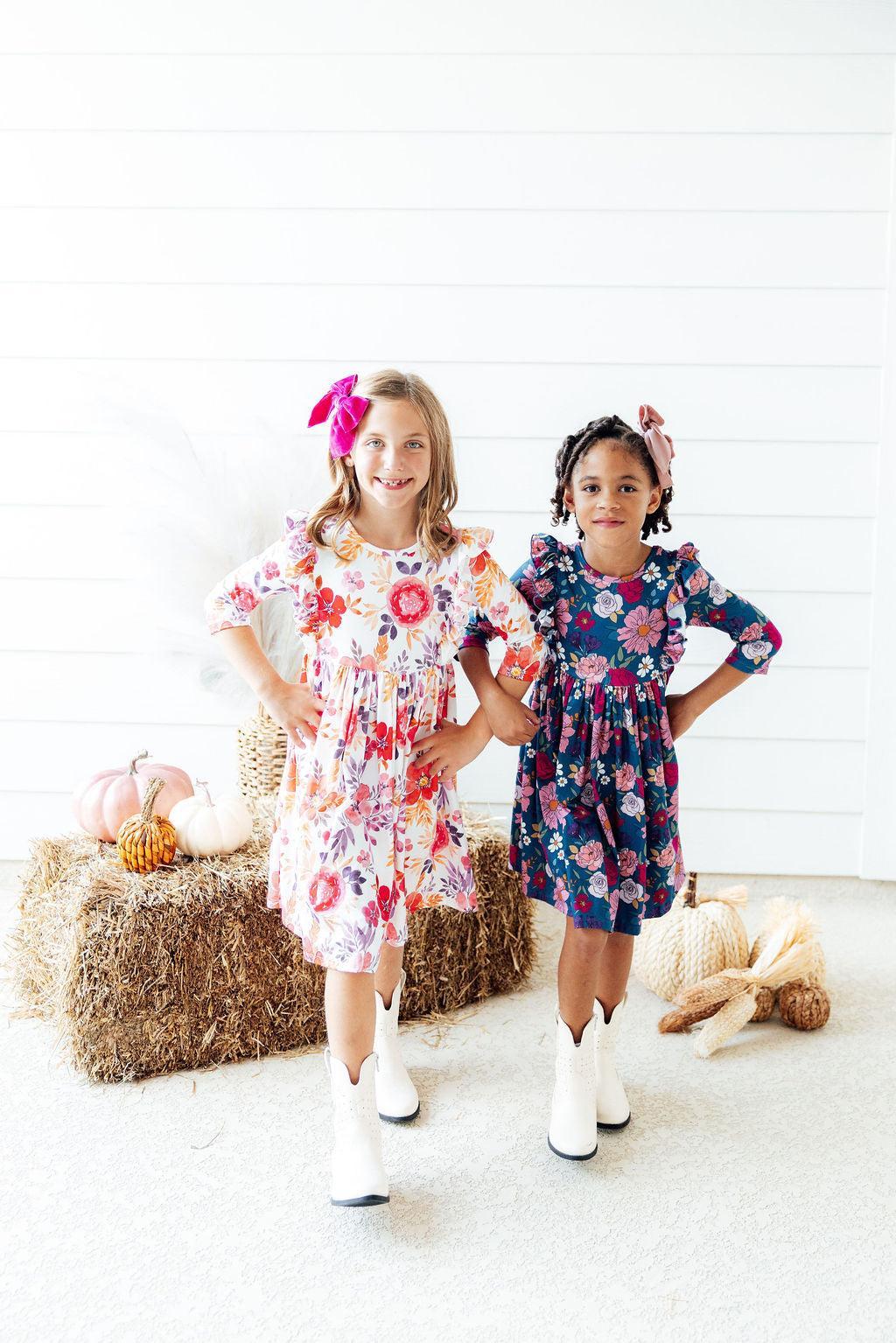 Tangerine Leaves 3/4 Sleeve Ruffle Twirl Dress