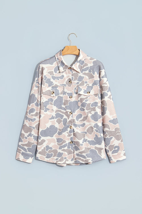Camo Buttoned Chest Pocket Knit Tunic Shacket