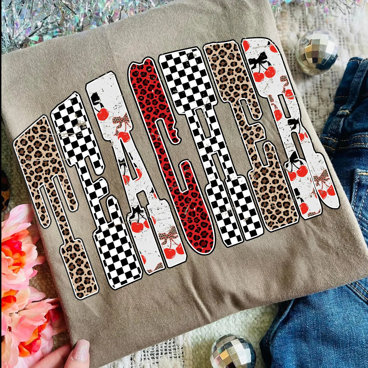 Teacher cherry checker leopard design tee or sweatshirt