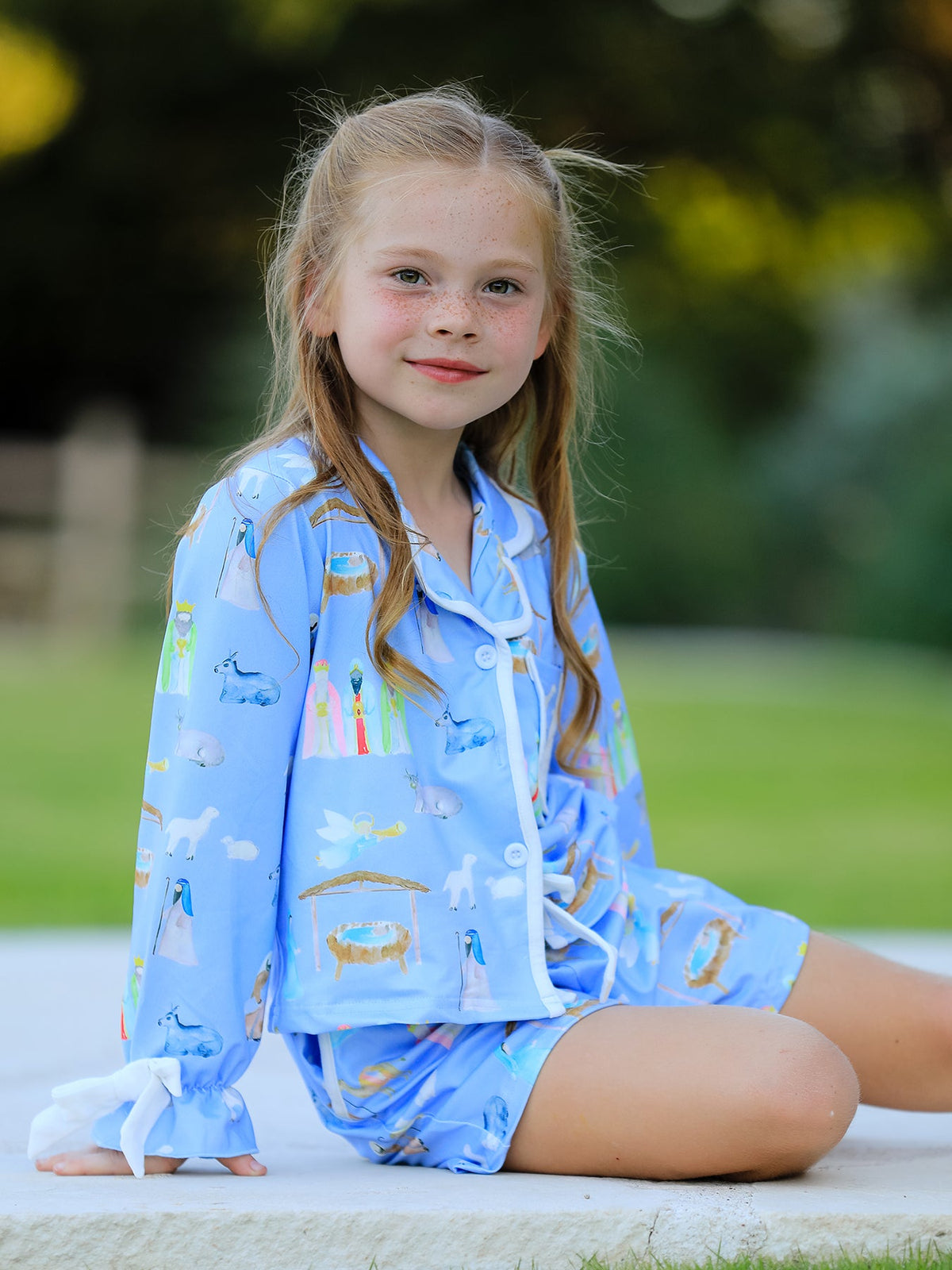Blue Christmas Nativity Pattern Girls Pajamas Set